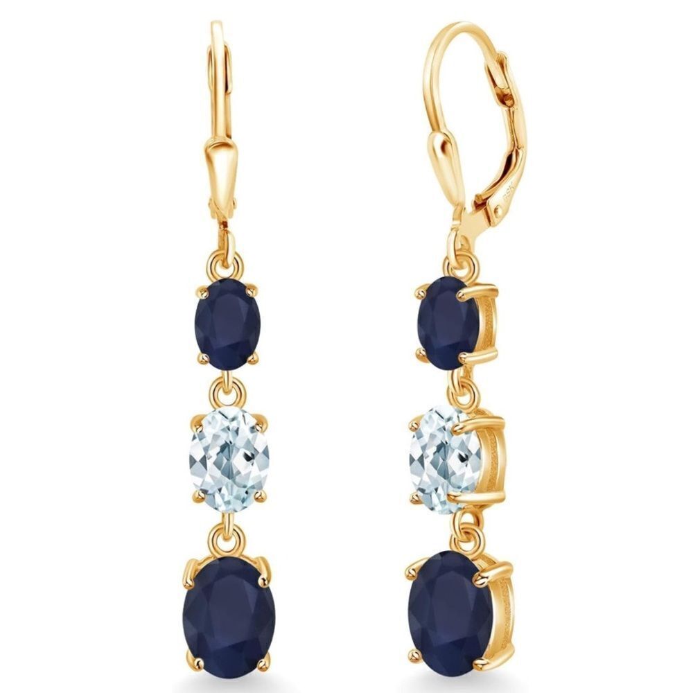18K Yellow Gold 6.21 Cttw 3 Stone Blue Sapphire and Aquamarine Drop Earrings